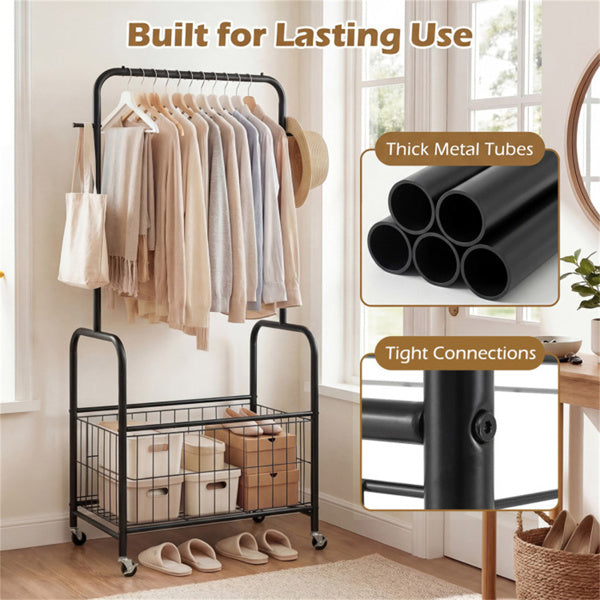 AEELLEEA Heavy Duty Rolling Garment Rack with Storage Basket & Side Hooks, Metal Clothing Rack on Lockable Wheels for Bedroom Laundry Room