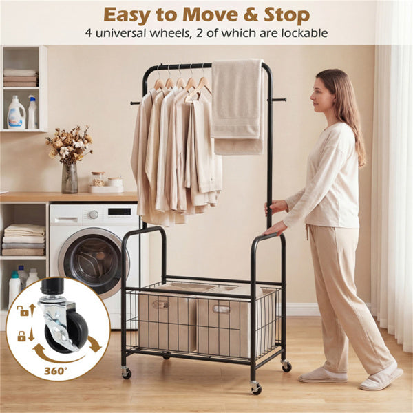 AEELLEEA Heavy Duty Rolling Garment Rack with Storage Basket & Side Hooks, Metal Clothing Rack on Lockable Wheels for Bedroom Laundry Room