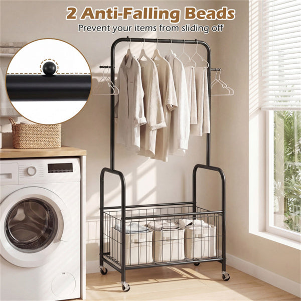 AEELLEEA Heavy Duty Rolling Garment Rack with Storage Basket & Side Hooks, Metal Clothing Rack on Lockable Wheels for Bedroom Laundry Room