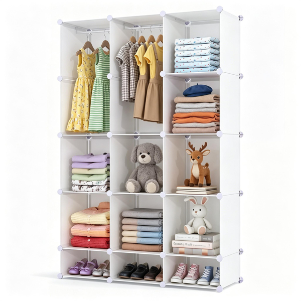 AEELLEEA 12-Cube DIY Modular Storage Organizer with Hanging Rods, White Kids Closet with Anti-Toppling for Bedroom Clothes Toys