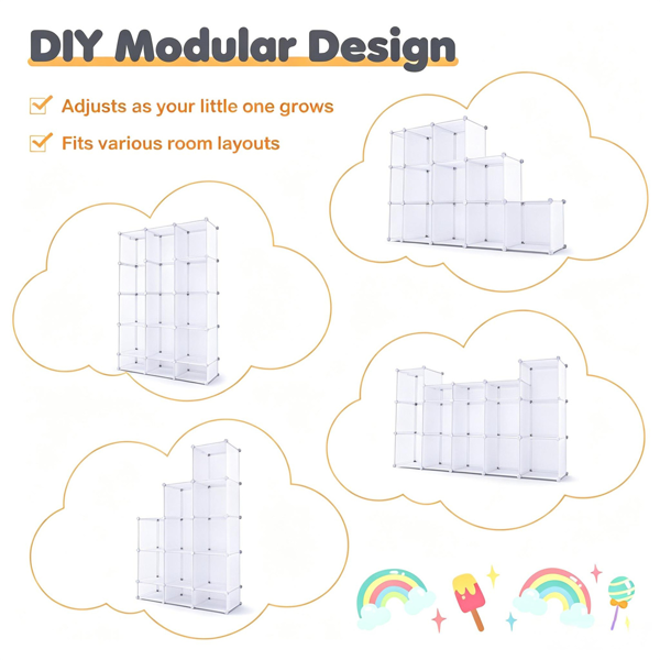 AEELLEEA 12-Cube DIY Modular Storage Organizer with Hanging Rods, White Kids Closet with Anti-Toppling for Bedroom Clothes Toys