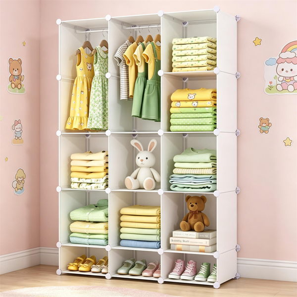 AEELLEEA 12-Cube DIY Modular Storage Organizer with Hanging Rods, White Kids Closet with Anti-Toppling for Bedroom Clothes Toys