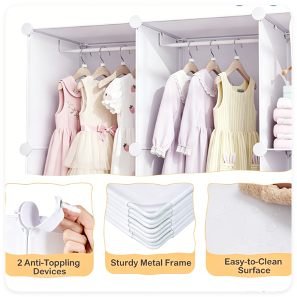 AEELLEEA 12-Cube DIY Modular Storage Organizer with Hanging Rods, White Kids Closet with Anti-Toppling for Bedroom Clothes Toys