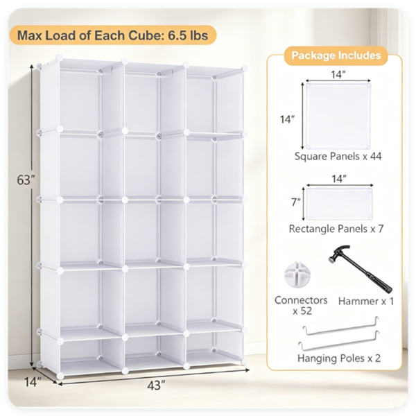 AEELLEEA 12-Cube DIY Modular Storage Organizer with Hanging Rods, White Kids Closet with Anti-Toppling for Bedroom Clothes Toys