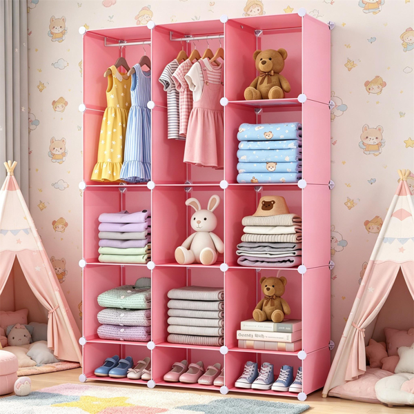 AEELLEEA 12-Cube Pink DIY Modular Kids Closet with Hanging Rods, Anti-Toppling Wardrobe Storage Organizer for Girls Bedroom Clothes Toys