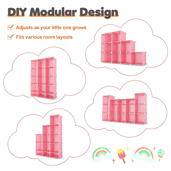 AEELLEEA 12-Cube Pink DIY Modular Kids Closet with Hanging Rods, Anti-Toppling Wardrobe Storage Organizer for Girls Bedroom Clothes Toys