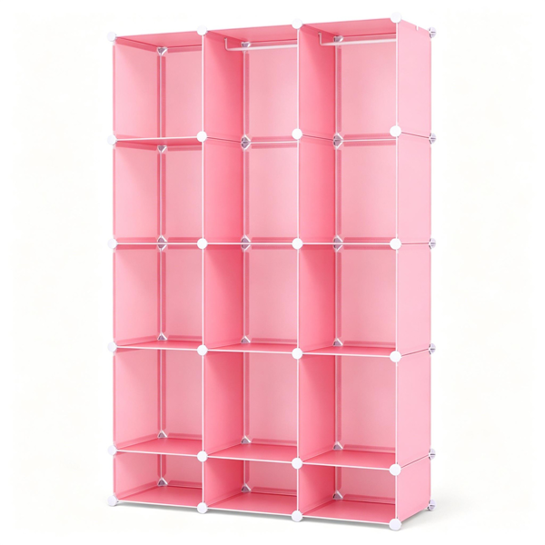 AEELLEEA 12-Cube Pink DIY Modular Kids Closet with Hanging Rods, Anti-Toppling Wardrobe Storage Organizer for Girls Bedroom Clothes Toys