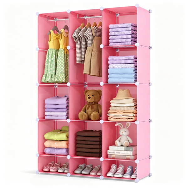 AEELLEEA 12-Cube Pink DIY Modular Kids Closet with Hanging Rods, Anti-Toppling Wardrobe Storage Organizer for Girls Bedroom Clothes Toys