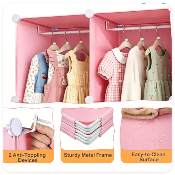 AEELLEEA 12-Cube Pink DIY Modular Kids Closet with Hanging Rods, Anti-Toppling Wardrobe Storage Organizer for Girls Bedroom Clothes Toys