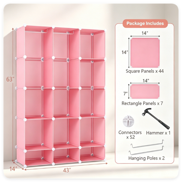 AEELLEEA 12-Cube Pink DIY Modular Kids Closet with Hanging Rods, Anti-Toppling Wardrobe Storage Organizer for Girls Bedroom Clothes Toys