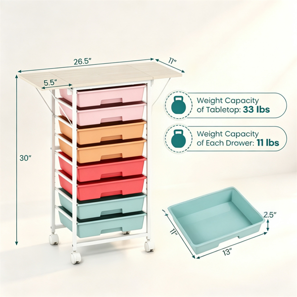 AEELLEEA 8-Drawer Rolling Storage Cart with Foldable Tabletop, Macaron Color Mobile Organizer with Wheels for Craft, Kids Toys, Office & Sewing Supplies