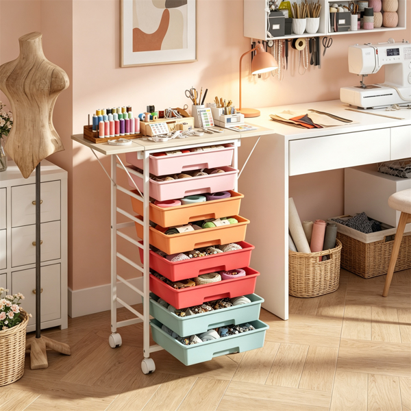 AEELLEEA 8-Drawer Rolling Storage Cart with Foldable Tabletop, Macaron Color Mobile Organizer with Wheels for Craft, Kids Toys, Office & Sewing Supplies