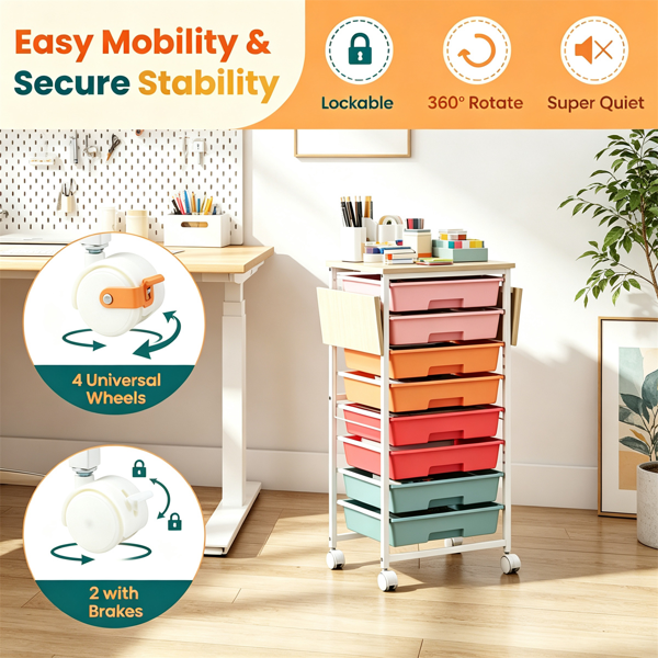 AEELLEEA 8-Drawer Rolling Storage Cart with Foldable Tabletop, Macaron Color Mobile Organizer with Wheels for Craft, Kids Toys, Office & Sewing Supplies