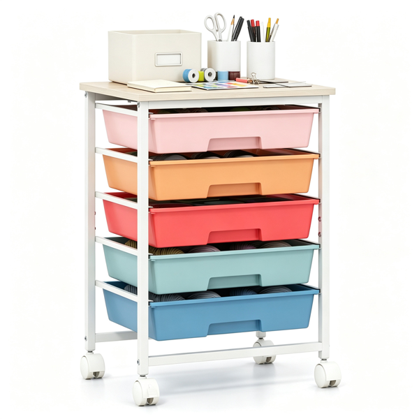 AEELLEEA 5-Drawer Rolling Storage Cart with Wood Tabletop, Macaron Color Mobile Organizer with Lockable Wheels for Craft Office Kids Toys Art Supplies
