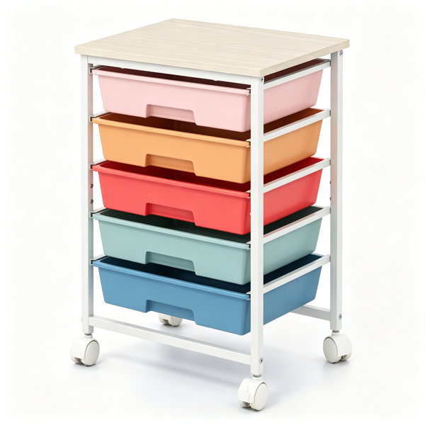 AEELLEEA 5-Drawer Rolling Storage Cart with Wood Tabletop, Macaron Color Mobile Organizer with Lockable Wheels for Craft Office Kids Toys Art Supplies