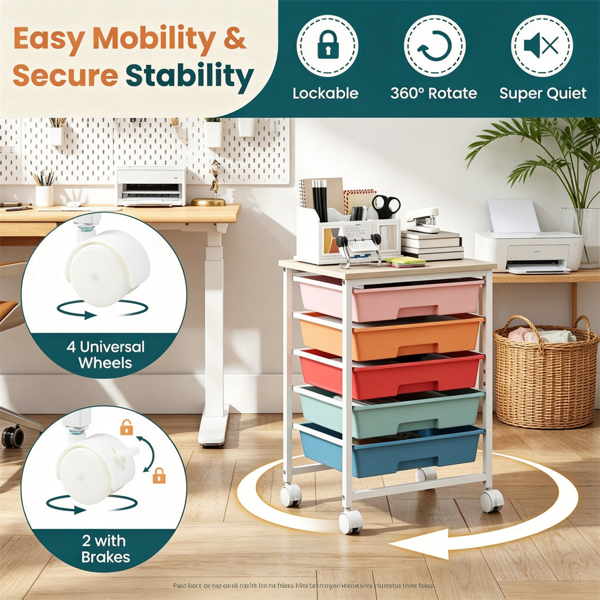 AEELLEEA 5-Drawer Rolling Storage Cart with Wood Tabletop, Macaron Color Mobile Organizer with Lockable Wheels for Craft Office Kids Toys Art Supplies