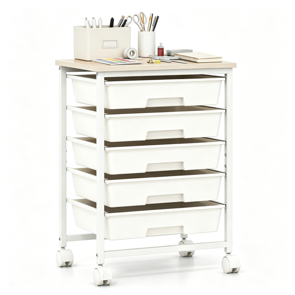 AEELLEEA 5-Drawer White Rolling Storage Cart with Wood Tabletop, Mobile Organizer with Lockable Wheels for Office, Craft, Kids Toys & Art Supplies
