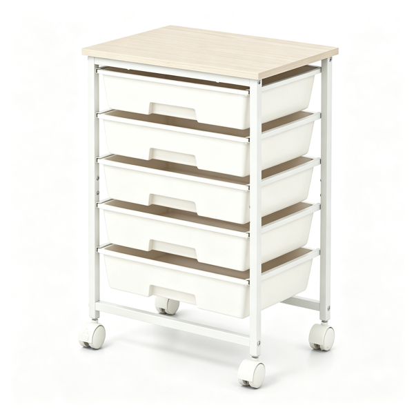 AEELLEEA 5-Drawer White Rolling Storage Cart with Wood Tabletop, Mobile Organizer with Lockable Wheels for Office, Craft, Kids Toys & Art Supplies