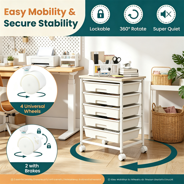 AEELLEEA 5-Drawer White Rolling Storage Cart with Wood Tabletop, Mobile Organizer with Lockable Wheels for Office, Craft, Kids Toys & Art Supplies