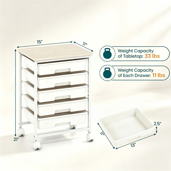 AEELLEEA 5-Drawer White Rolling Storage Cart with Wood Tabletop, Mobile Organizer with Lockable Wheels for Office, Craft, Kids Toys & Art Supplies