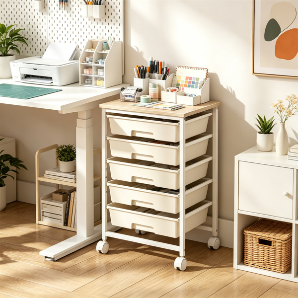 AEELLEEA 5-Drawer White Rolling Storage Cart with Wood Tabletop, Mobile Organizer with Lockable Wheels for Office, Craft, Kids Toys & Art Supplies