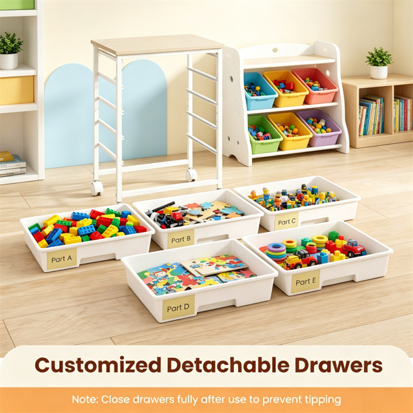AEELLEEA 5-Drawer White Rolling Storage Cart with Wood Tabletop, Mobile Organizer with Lockable Wheels for Office, Craft, Kids Toys & Art Supplies