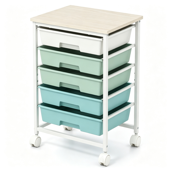 AEELLEEA 5-Drawer Gradient Green Rolling Storage Cart with Wood Tabletop, Mobile Organizer with Lockable Wheels for Office Craft Sewing Kids Toys Supplies