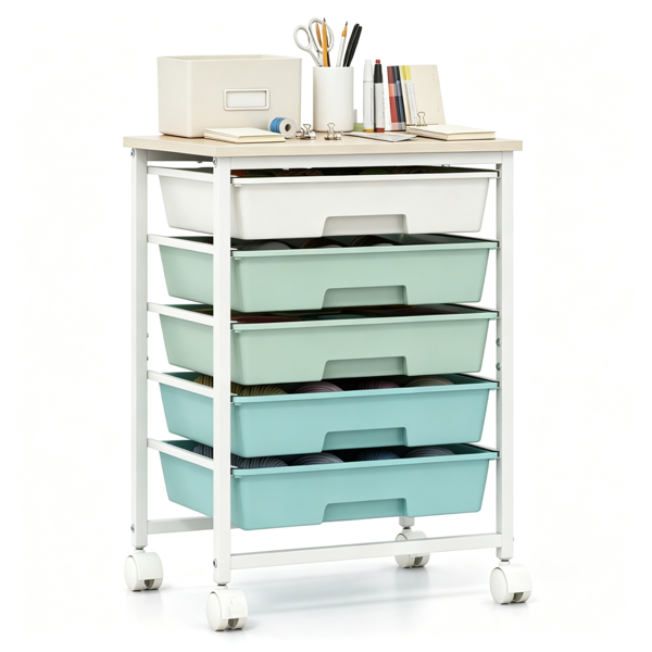 AEELLEEA 5-Drawer Gradient Green Rolling Storage Cart with Wood Tabletop, Mobile Organizer with Lockable Wheels for Office Craft Sewing Kids Toys Supplies