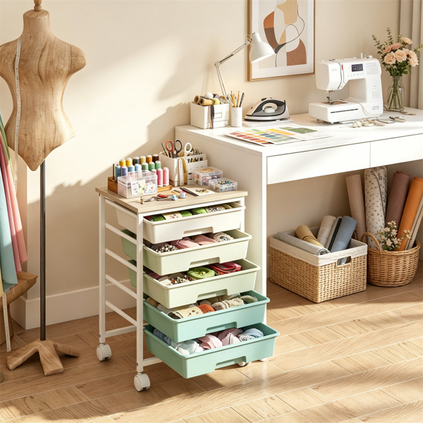 AEELLEEA 5-Drawer Gradient Green Rolling Storage Cart with Wood Tabletop, Mobile Organizer with Lockable Wheels for Office Craft Sewing Kids Toys Supplies