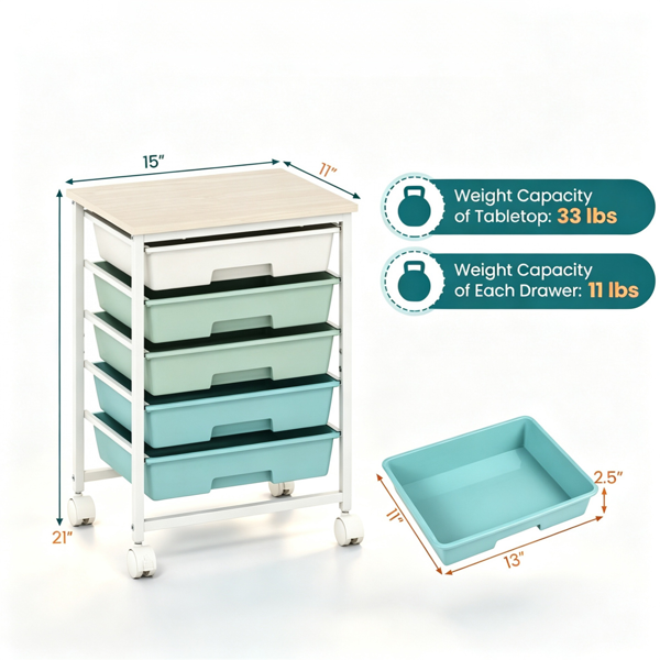 AEELLEEA 5-Drawer Gradient Green Rolling Storage Cart with Wood Tabletop, Mobile Organizer with Lockable Wheels for Office Craft Sewing Kids Toys Supplies