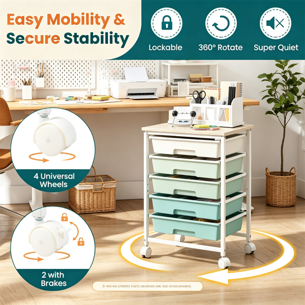 AEELLEEA 5-Drawer Gradient Green Rolling Storage Cart with Wood Tabletop, Mobile Organizer with Lockable Wheels for Office Craft Sewing Kids Toys Supplies