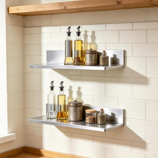 2 Pack 16" Brushed Stainless Steel Floating Wall Shelves, Heavy Duty Metal Shelf with Back Lip for Kitchen Spice Bathroom Storage