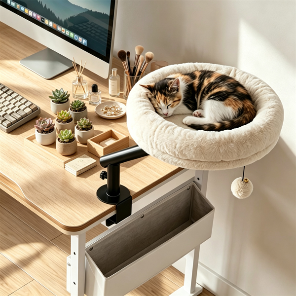 Clamp On Desk Cat Bed Perch, Adjustable Height Fluffy Plush Cat Hammock with Bell Toy, Removable Washable Cushion, 55 LBS Weight Capacity