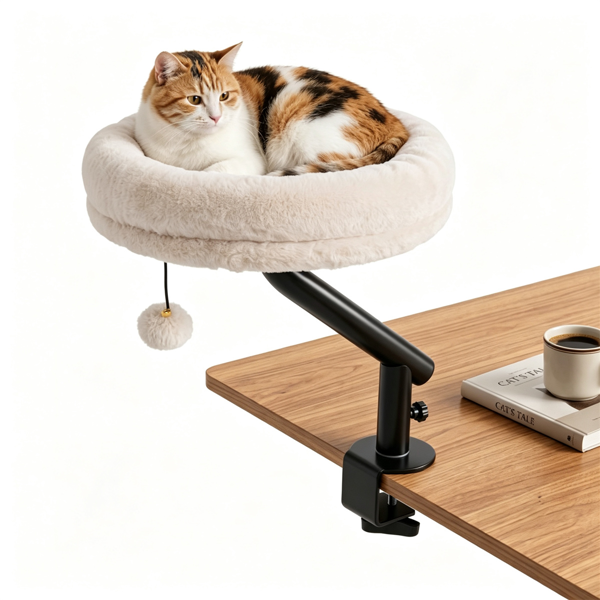 Clamp On Desk Cat Bed Perch, Adjustable Height Fluffy Plush Cat Hammock with Bell Toy, Removable Washable Cushion, 55 LBS Weight Capacity