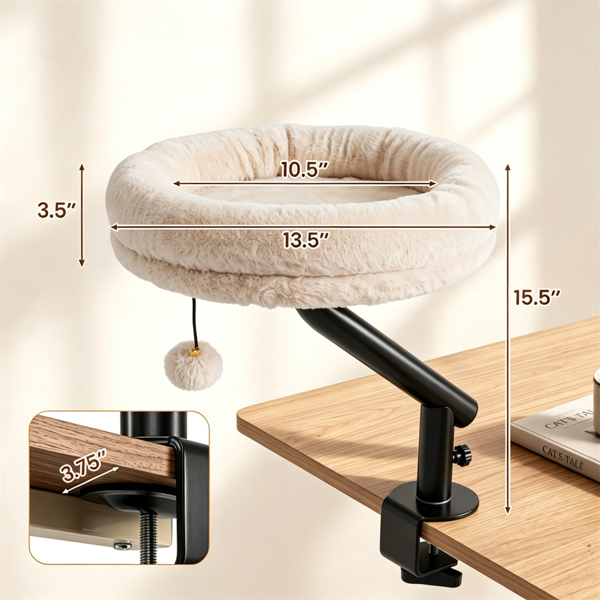 Clamp On Desk Cat Bed Perch, Adjustable Height Fluffy Plush Cat Hammock with Bell Toy, Removable Washable Cushion, 55 LBS Weight Capacity
