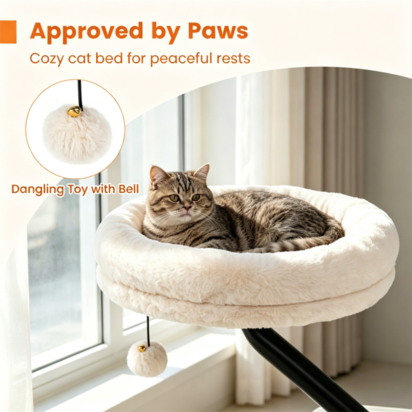 Clamp On Desk Cat Bed Perch, Adjustable Height Fluffy Plush Cat Hammock with Bell Toy, Removable Washable Cushion, 55 LBS Weight Capacity