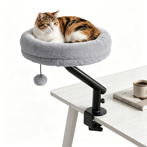 Gray Clamp On Desk Cat Bed Perch for Indoor Cats, Adjustable Fluffy Plush Hammock with Bell Toy, Removable Washable Cushion, 55 LBS Capacity