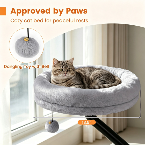 Gray Clamp On Desk Cat Bed Perch for Indoor Cats, Adjustable Fluffy Plush Hammock with Bell Toy, Removable Washable Cushion, 55 LBS Capacity