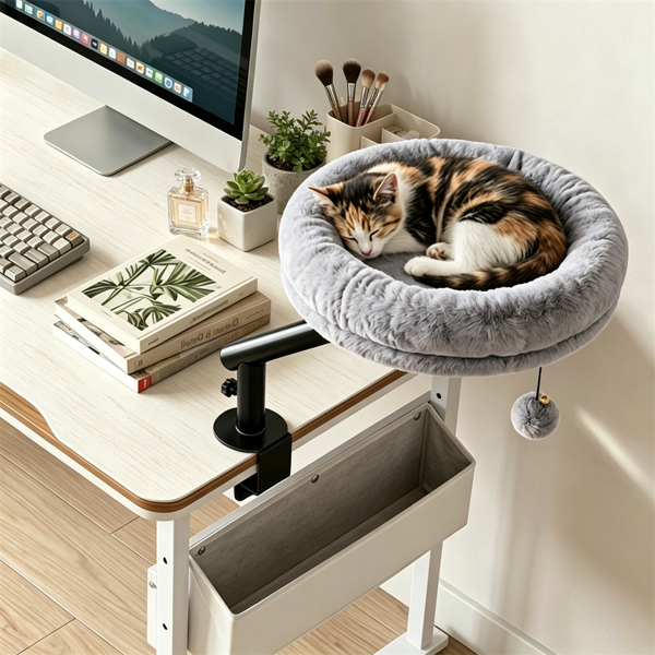 Gray Clamp On Desk Cat Bed Perch for Indoor Cats, Adjustable Fluffy Plush Hammock with Bell Toy, Removable Washable Cushion, 55 LBS Capacity