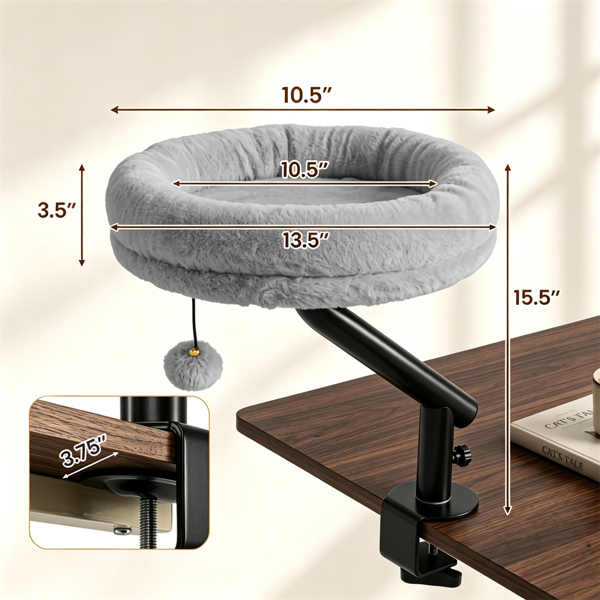 Gray Clamp On Desk Cat Bed Perch for Indoor Cats, Adjustable Fluffy Plush Hammock with Bell Toy, Removable Washable Cushion, 55 LBS Capacity