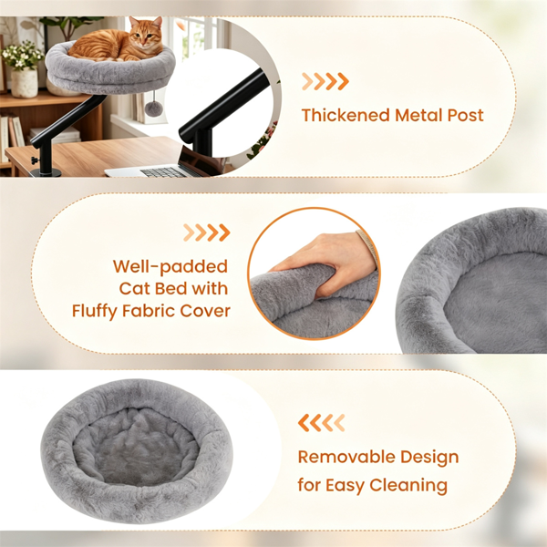 Gray Clamp On Desk Cat Bed Perch for Indoor Cats, Adjustable Fluffy Plush Hammock with Bell Toy, Removable Washable Cushion, 55 LBS Capacity