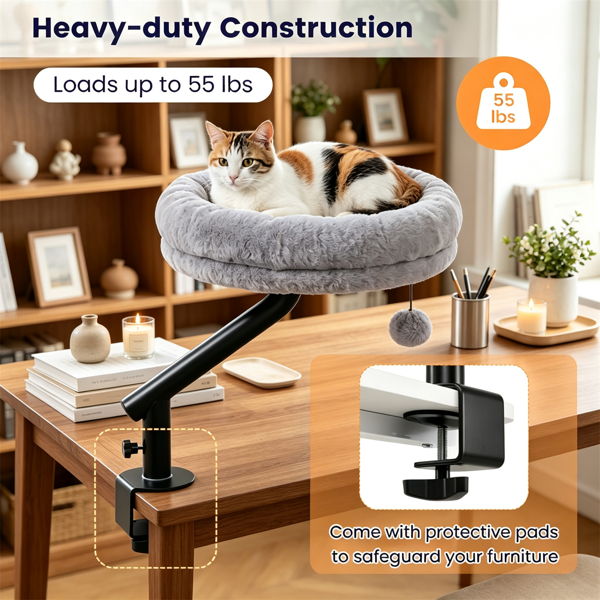 Gray Clamp On Desk Cat Bed Perch for Indoor Cats, Adjustable Fluffy Plush Hammock with Bell Toy, Removable Washable Cushion, 55 LBS Capacity