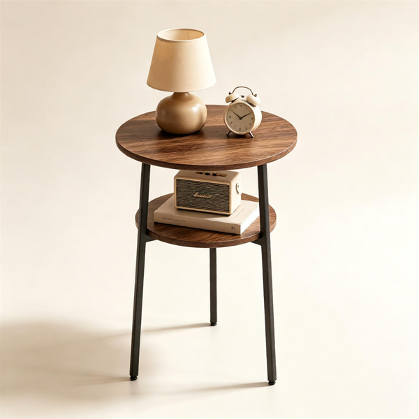 2-Tier Round Side Table, Rustic Wood Grain End Table with Sturdy Metal Frame, Small Accent Coffee Table for Living Room Bedroom Small Spaces