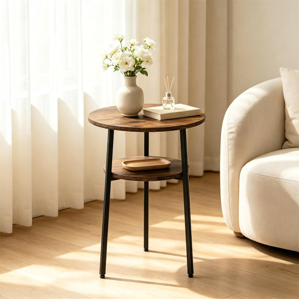 2-Tier Round Side Table, Rustic Wood Grain End Table with Sturdy Metal Frame, Small Accent Coffee Table for Living Room Bedroom Small Spaces