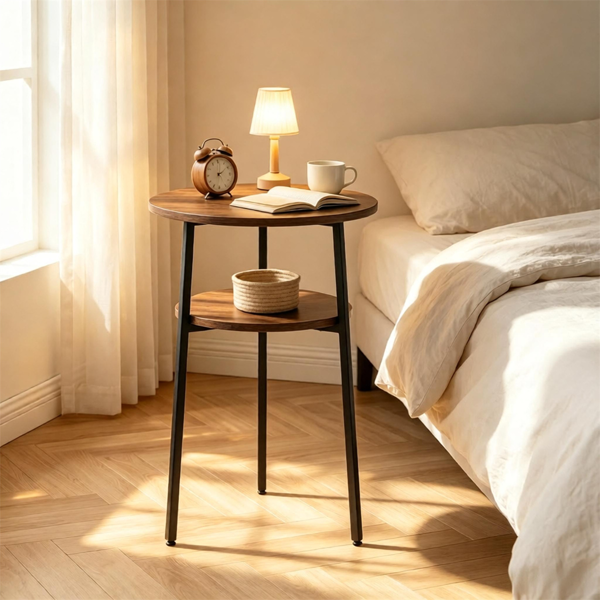 2-Tier Round Side Table, Rustic Wood Grain End Table with Sturdy Metal Frame, Small Accent Coffee Table for Living Room Bedroom Small Spaces