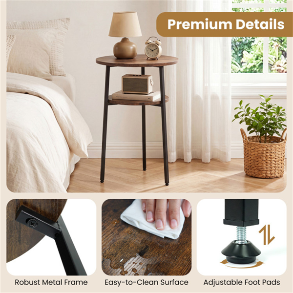 2-Tier Round Side Table, Rustic Wood Grain End Table with Sturdy Metal Frame, Small Accent Coffee Table for Living Room Bedroom Small Spaces