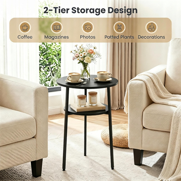 2-Tier Round Side Table, Black End Table with Storage Shelf, Sturdy Metal Frame Small Accent Coffee Table for Living Room Bedroom Small Spaces