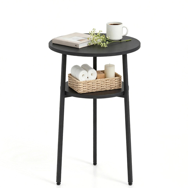 2-Tier Round Side Table, Black End Table with Storage Shelf, Sturdy Metal Frame Small Accent Coffee Table for Living Room Bedroom Small Spaces