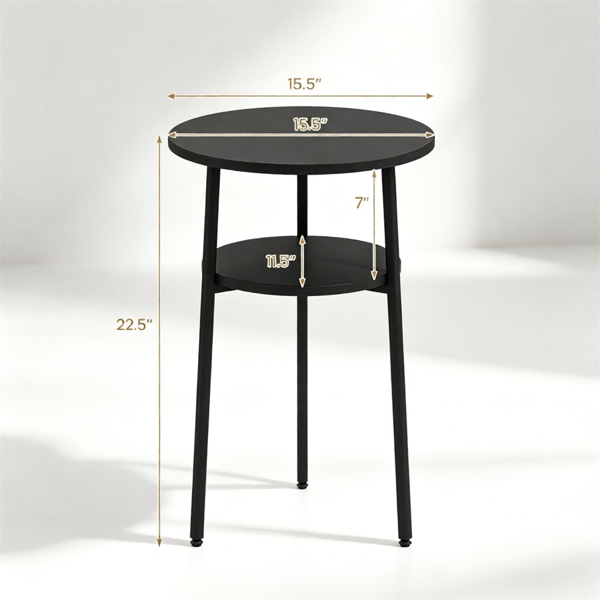 2-Tier Round Side Table, Black End Table with Storage Shelf, Sturdy Metal Frame Small Accent Coffee Table for Living Room Bedroom Small Spaces