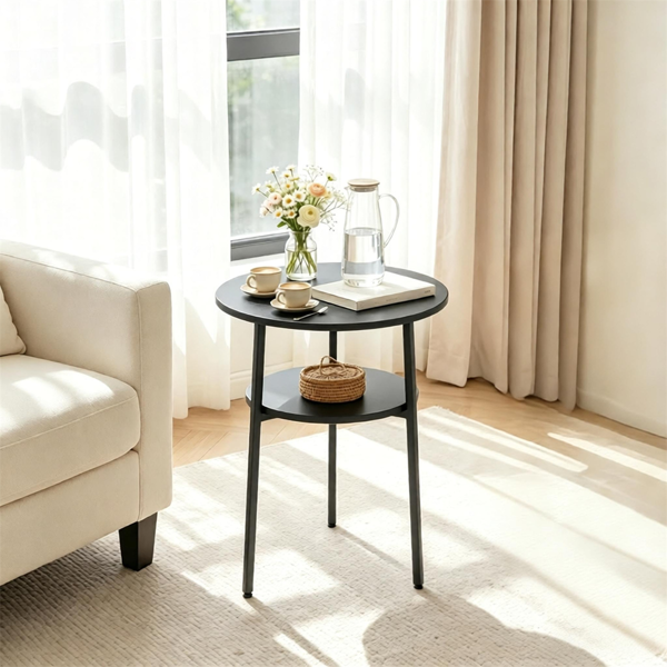 2-Tier Round Side Table, Black End Table with Storage Shelf, Sturdy Metal Frame Small Accent Coffee Table for Living Room Bedroom Small Spaces